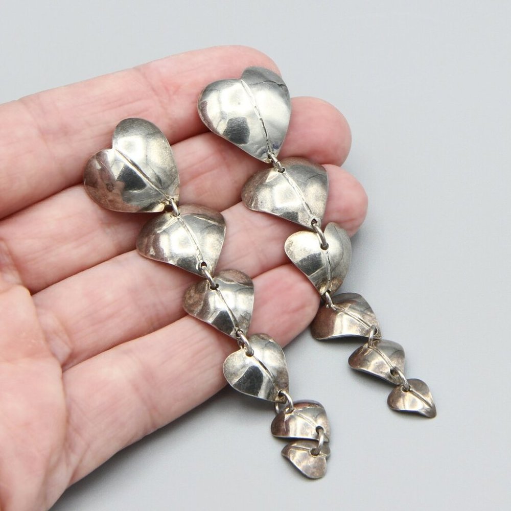 RARE Cascading Hearts Long Sterling Silver Earrings Taxco Mexico